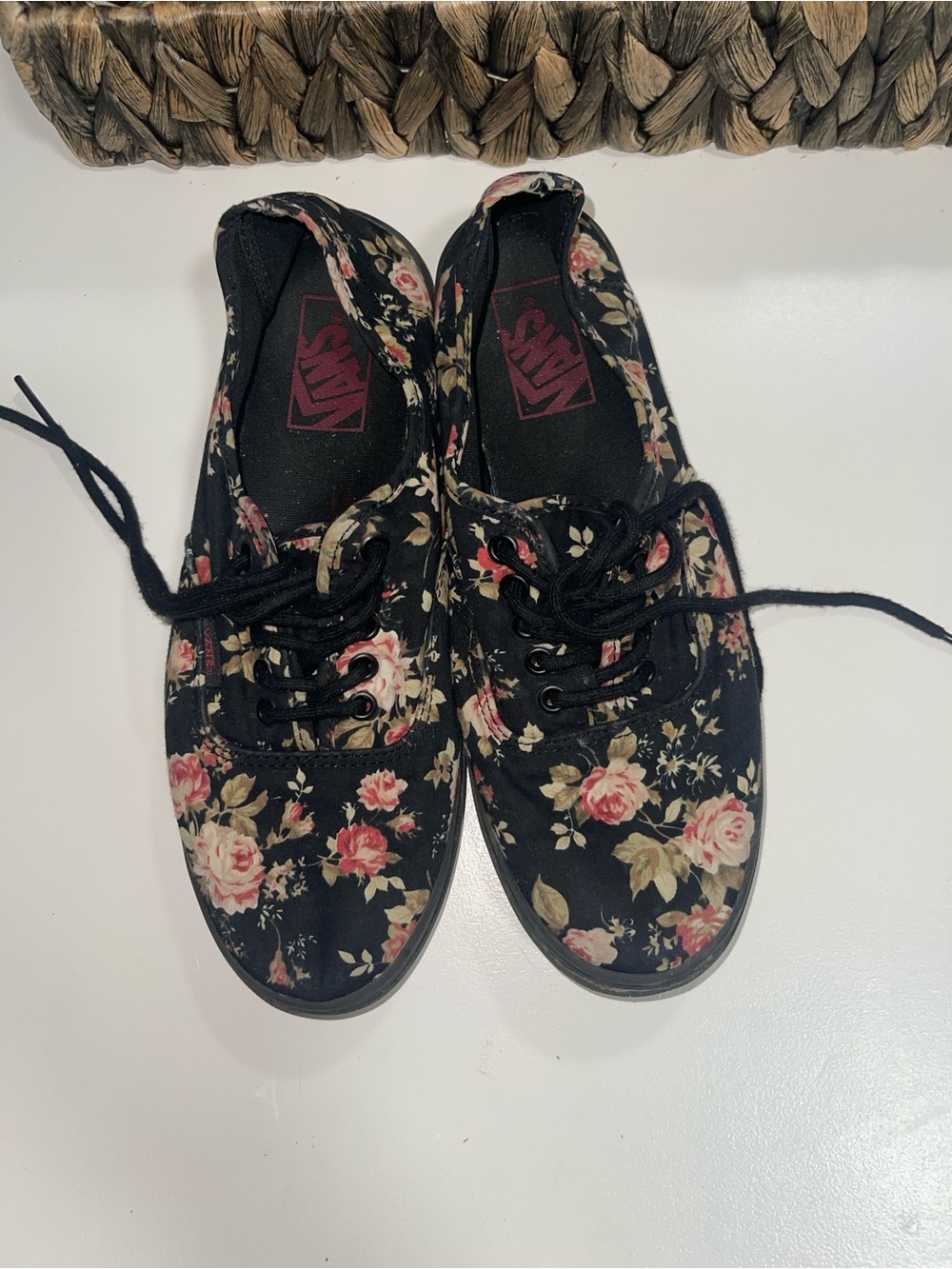 Vans Women's Black Canvas Sneakers with Pink Rose Print